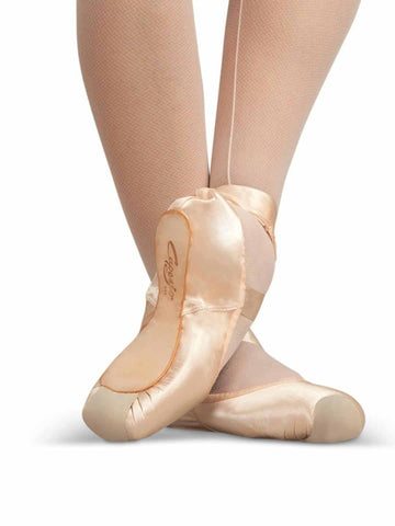 Pointe Suede Covers by Bunheads worn on pointe shoe on model  