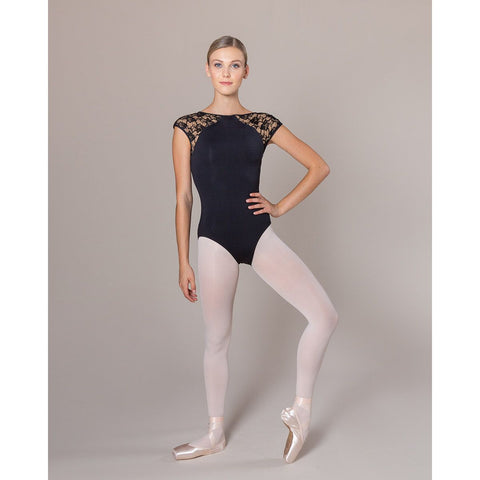 Ballet model wearing Energetiks Allison Lace Leotard Black front view