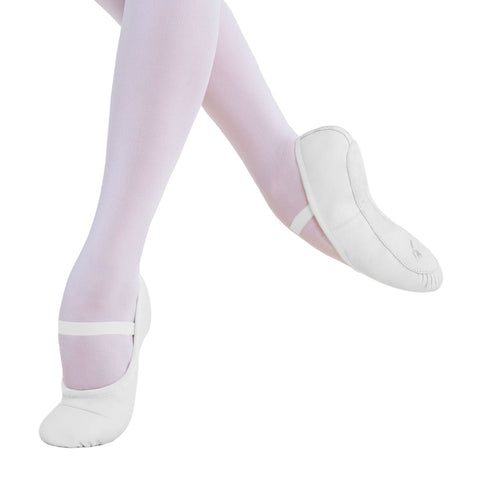 Model wearing Ballet Shoe Full Sole White en demi pointe front angle view