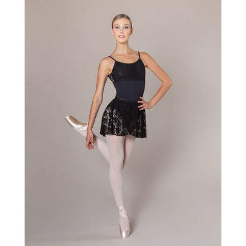 Ballet model wearing Black Bella Lace Skirt with matching leotard front view