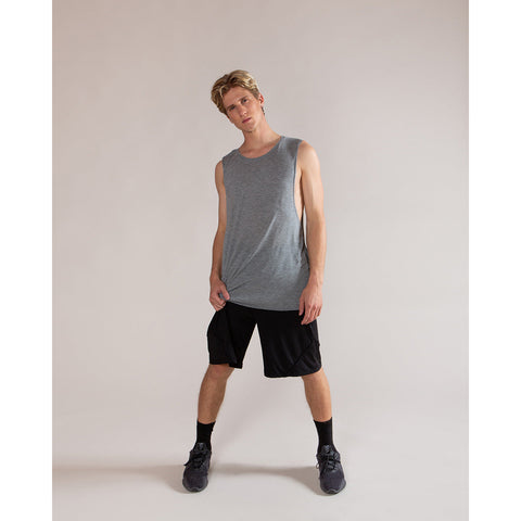 Dance model wearing Blaine Short Black with grey shirt front view