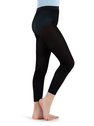 Side view of a dancer wearing Capezio Hold & Stretch® footless tights in black, featuring a matte finish and high waistband.
