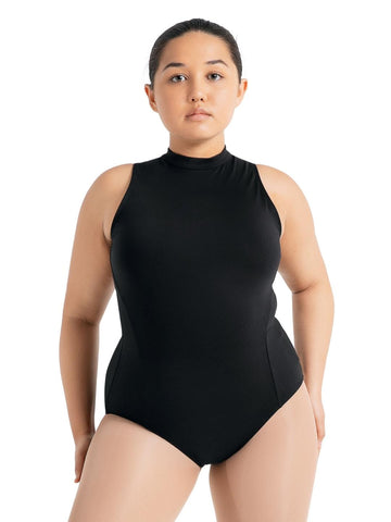 Dance model wearing Capezio High Neck Leotard Black front view