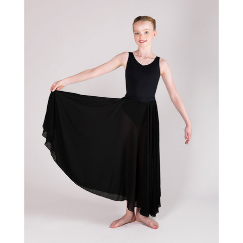 Energetiks Elegant full-length black chiffon skirt with a soft elastic waistband and flowing circular cut, worn by a dancer to highlight its graceful drape and sheer layering.