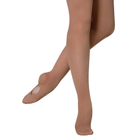 Model wearing Energetiks Light Tan Classic Dance Tights Convertible front angle view