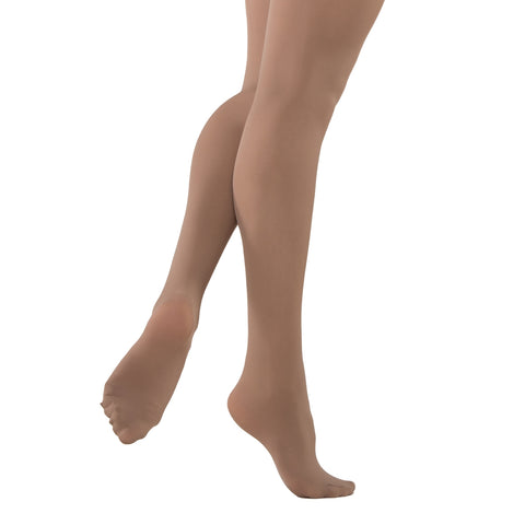 Model wearing Energetiks Tan Classic Footed tights front view