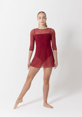 Dance model wearing Studio 7 Amber Mesh Dress in Burgundy front view