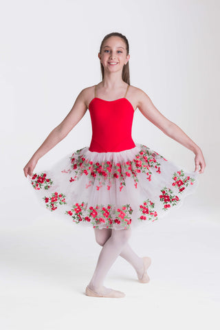Ballet model wearing the Red Floral Romance Tutu by Studio 7 front view