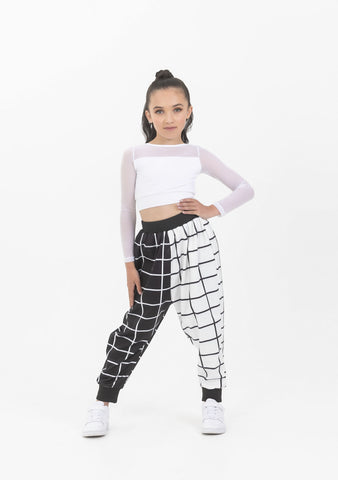 Dance model wearing Studio 7 White Geo Print Harem Pants front view
