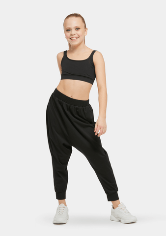 Dance model wearing Studio 7 Black Harem Pants front view