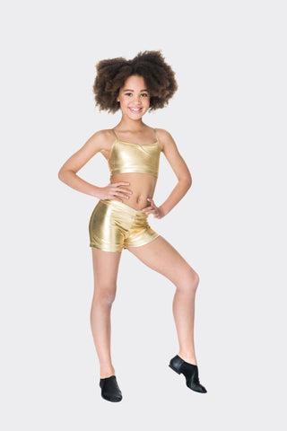 Dance model wearing Metallic Gold Studio 7 Hot Shorts front view