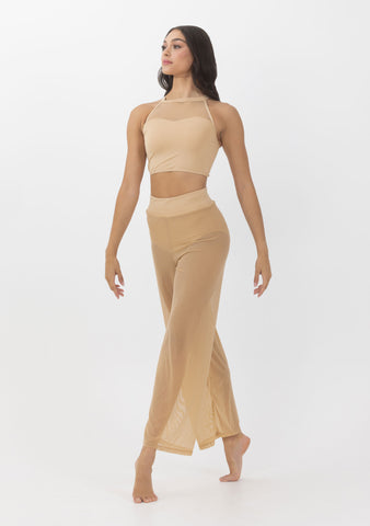 Dance model wearing Studio 7 Mesh Performance Crop Cashew front view