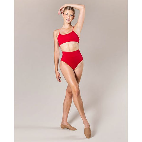 Dance model wearing Energetiks Astrid High Cut Brief Red front view