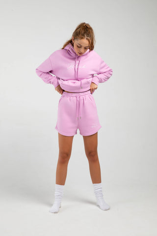 Model wearing Terry High Waisted Short Bloch Bubble Gum front view 