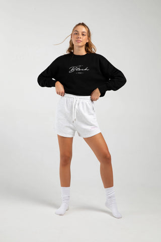 Model wearing Terry High Waisted Short Bloch Snow Marle front view 