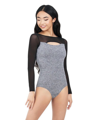 Dance model wearing Front Keyhole Long Sleeve Leotard by Capezio Stormy Skies front view
