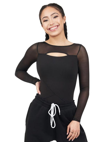 Dance model Front Keyhole Long Sleeve Leotard by Capezio black front view