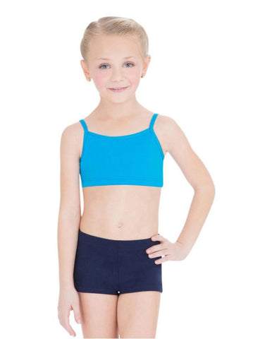 Camisole Bra Top  Capezio Turquoise front view with navy shorts