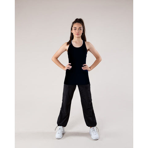 Dance model wearing Energetiks Addison Singlet Black with black pants