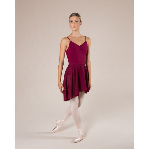 Ballet model wearing Energetiks Adeline Skirt Burgundy in classical pose