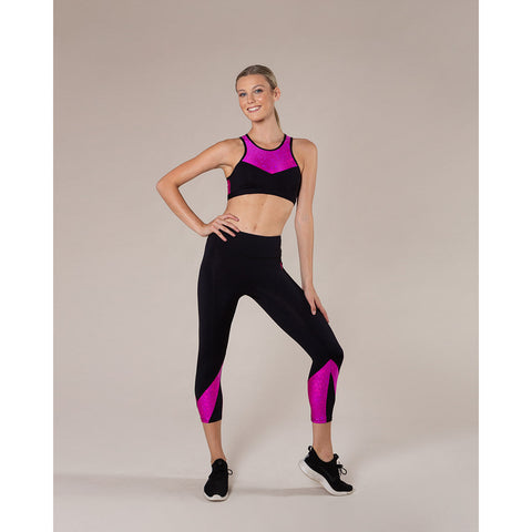 Model wearing Energetiks Bailey 7/8 Legging Shattered Glass Hot Pink front view