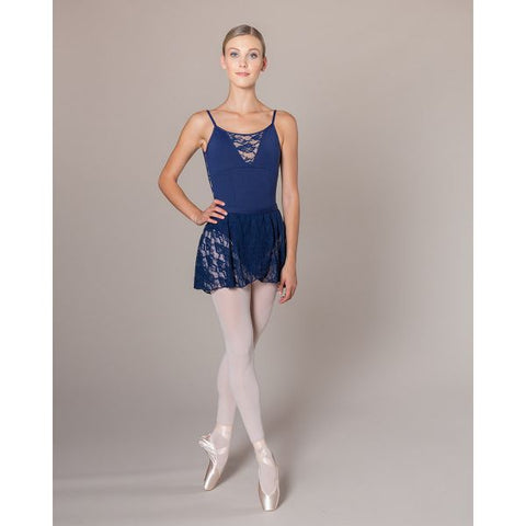 Ballet model wearing Navy Bella Lace Skirt with matching leotard front view