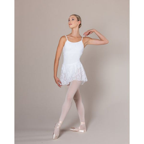 Ballet model wearing Bella Lace Skirt White with matching leotard front view