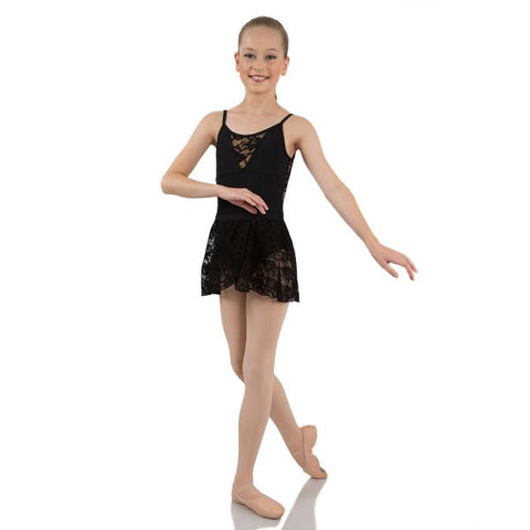 Ballet model wearing Black Bella Lace Skirt with matching leotard front view