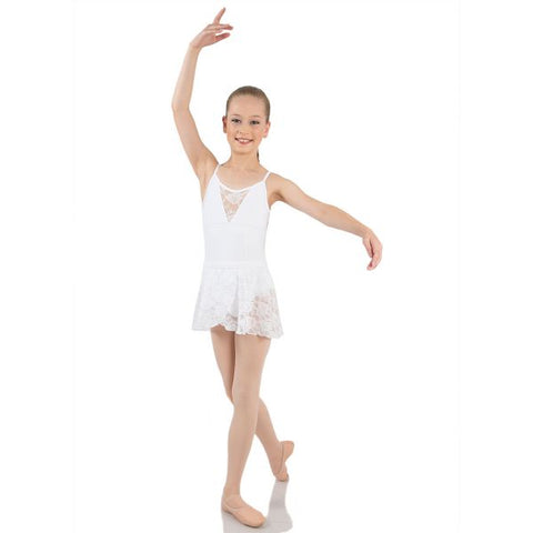Ballet model wearing Bella Lace Skirt White with matching leotard front view
