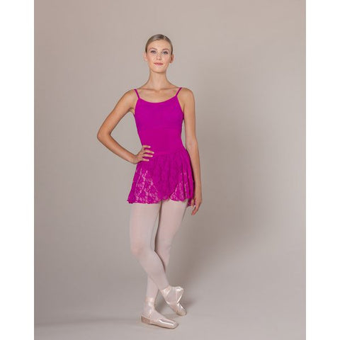 Ballet model wearing Magenta Bella Lace Skirt with matching leotard front view