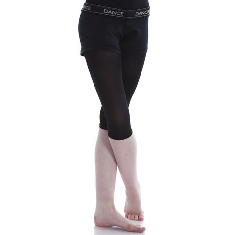 Model wearing Energetiks Black Capri Tights demi crossed position