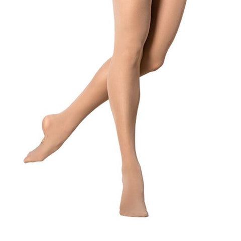 Model wearing Energetiks Tan Classic Dance Tights Convertible front angle view