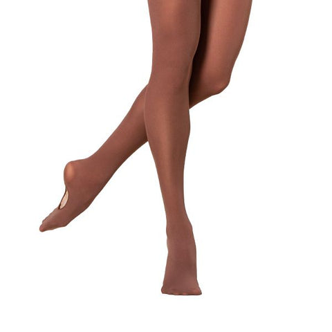 Model wearing Energetiks Pecan Classic Dance Tights Convertible front angle view