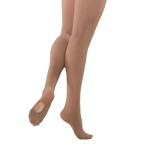 Model wearing Energetiks Natural Tan Classic Dance Tights Convertible back view