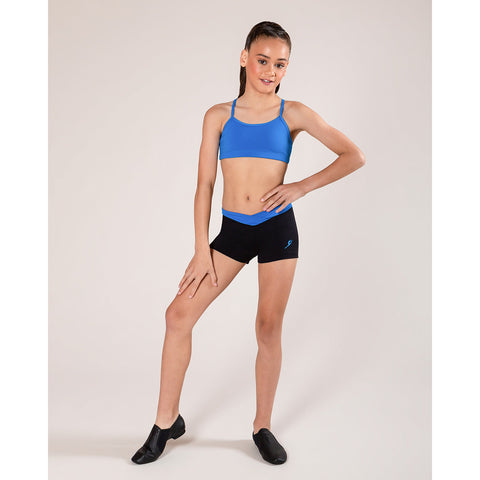 Dance model wearing Energetiks Claudia Short Electric Blue band front view