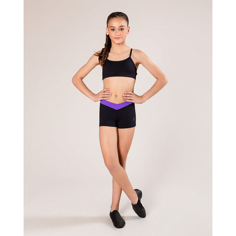 Dance model wearing Energetiks Claudia Short Party Purple band front view