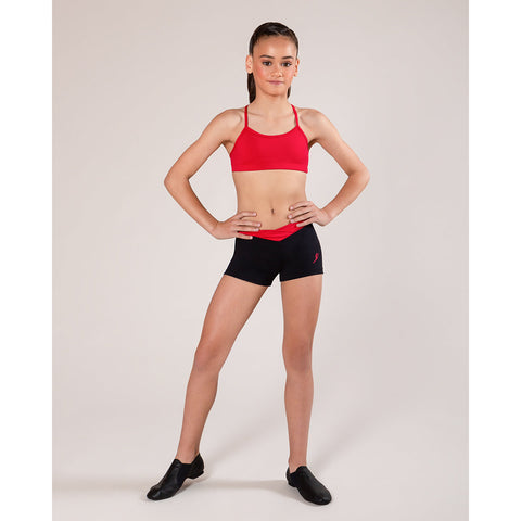 Dance model wearing Energetiks Claudia Short Red band front view