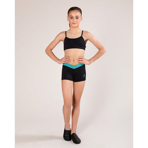 Dance model wearing Energetiks Cross Band Short Turquoise front view