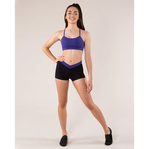 Dance model wearing Energetiks Claudia Short Deep Purple band front view