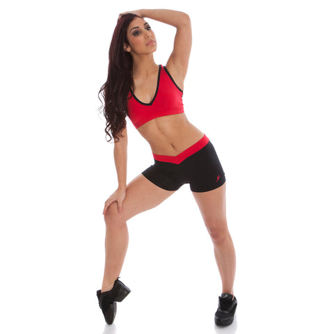 Dance model wearing Energetiks Claudia Short Red band front view
