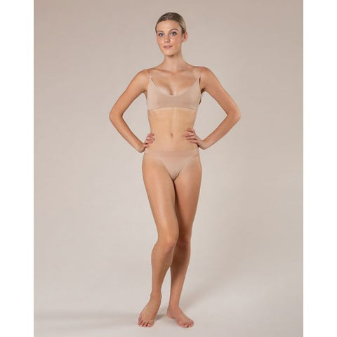 Model wearing Energetiks Wheat Clear Back Bra unders front view