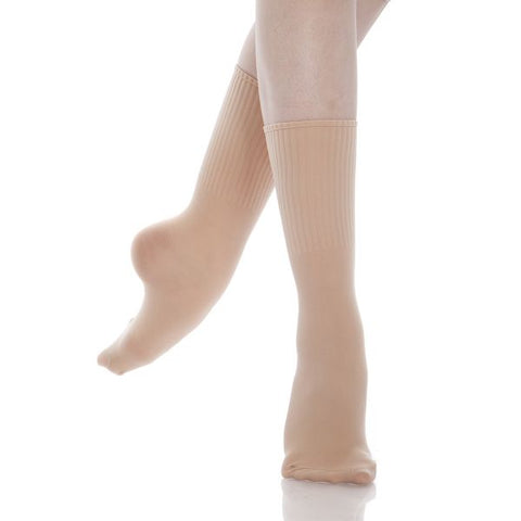 Dance model wearing Energetiks Salmon Pink Dance Socks front view