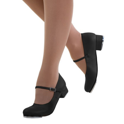 Dance model wearing Energetiks Debut Tap Shoe Low Heel Black side view