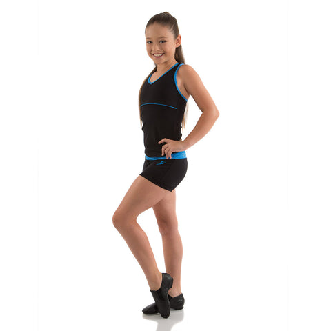Dance model wearing Energetiks Ella Boy Leg Marle Electric Blue front view
