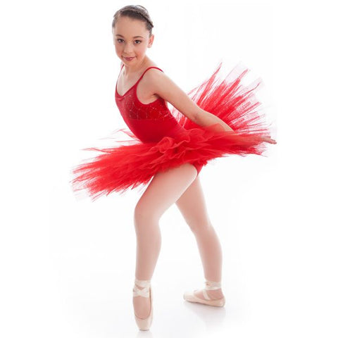 Ballet model wearing Energetiks Darcey Half Tutu Red front view