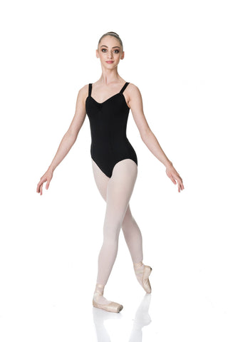 Ballet model wearing Wide Strap Leotard Black front view