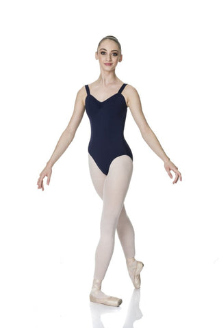 Ballet model wearing Wide Strap Leotard Navy front view
