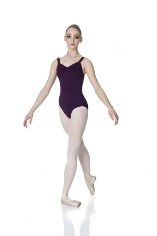 Ballet model wearing Wide Strap Leotard Plum front view