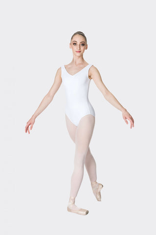 Ballet model wearing Thick Strap Leotard White front view